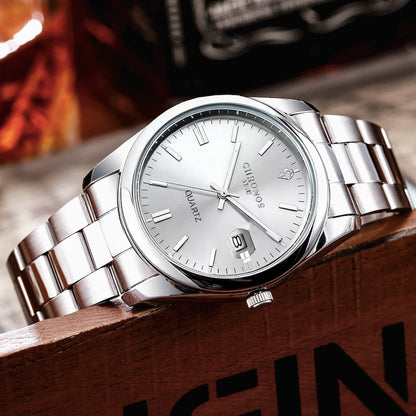 CHRONOS men’s wristwatch – Luxury brand, water-resistant, luminous, with date display, made of stainless steel, quartz movement.