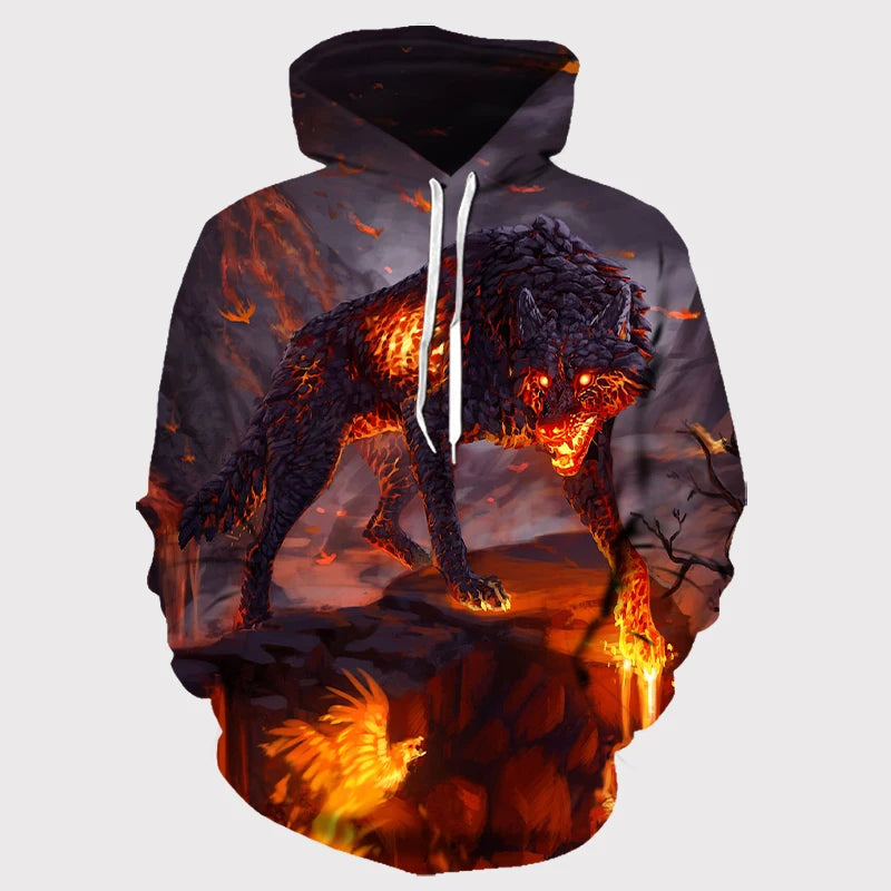 3D Wolf Pattern Printed Hooded Sweatshirt Fashion And Casual Men's Oversized Pullover Harajuku Street Design Hooded Sweatshirt