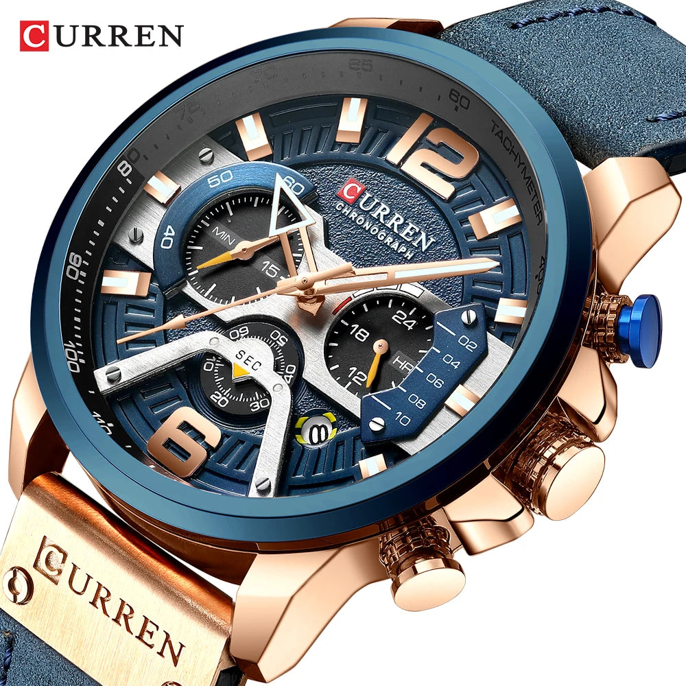 CURREN 8329 Men’s Watch – Casual sporty style, military-inspired design, leather strap, trendy chronograph, luxury watch from a leading brand