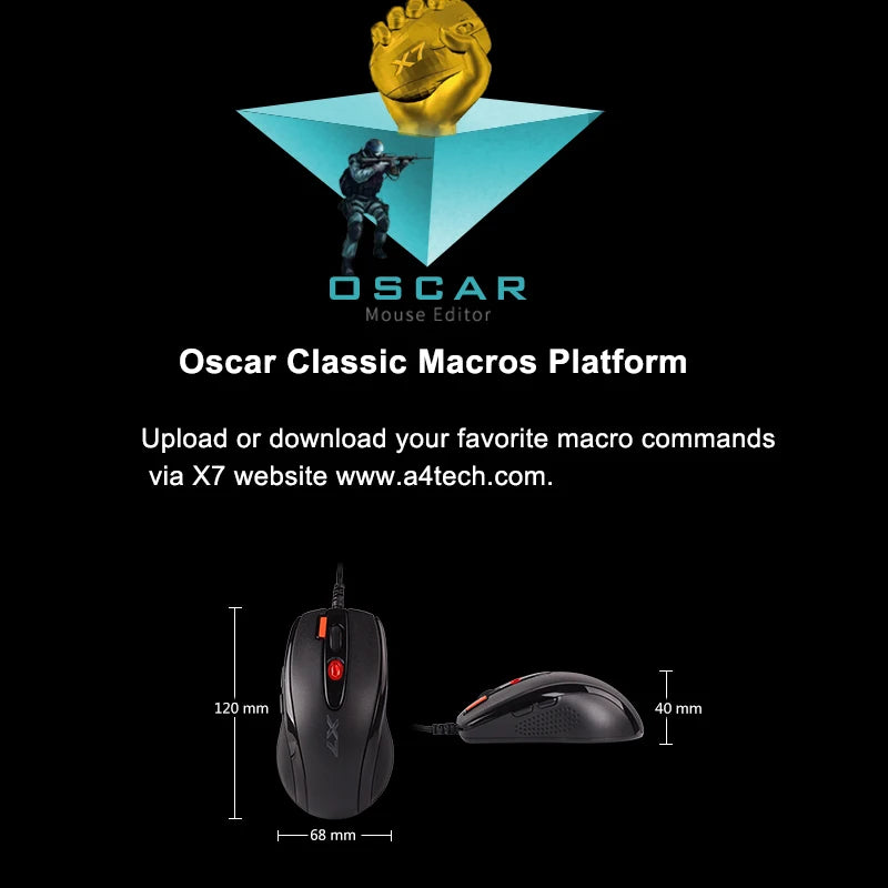 A4TECH X7 X-710BK Oscar Gaming Mouse,2000DPI,1000HZ,4D Wheel,160K Onboard Memory,Oscar Mouse Editor,Driver Free