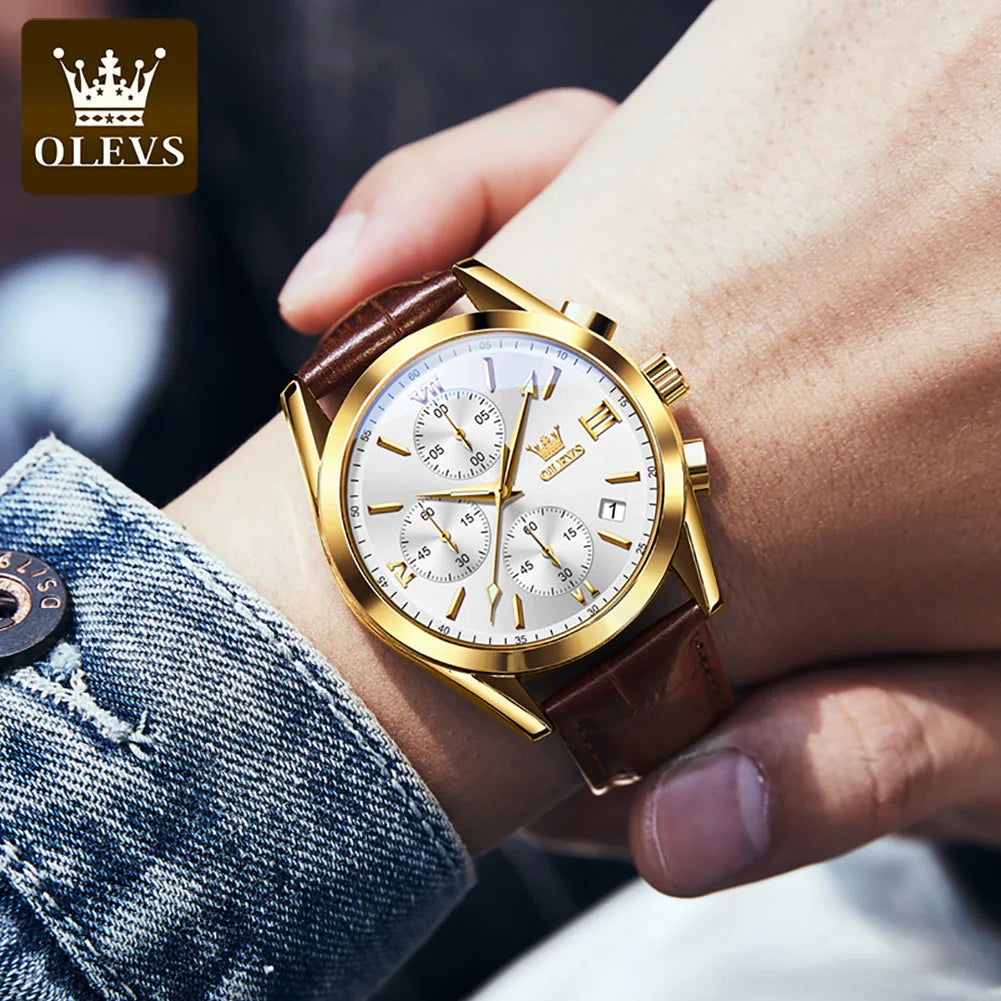 OLEVS 2872 Men’s Chronograph Wristwatch – Leather strap, water-resistant, luminescent hands, quartz movement, luxury sports style