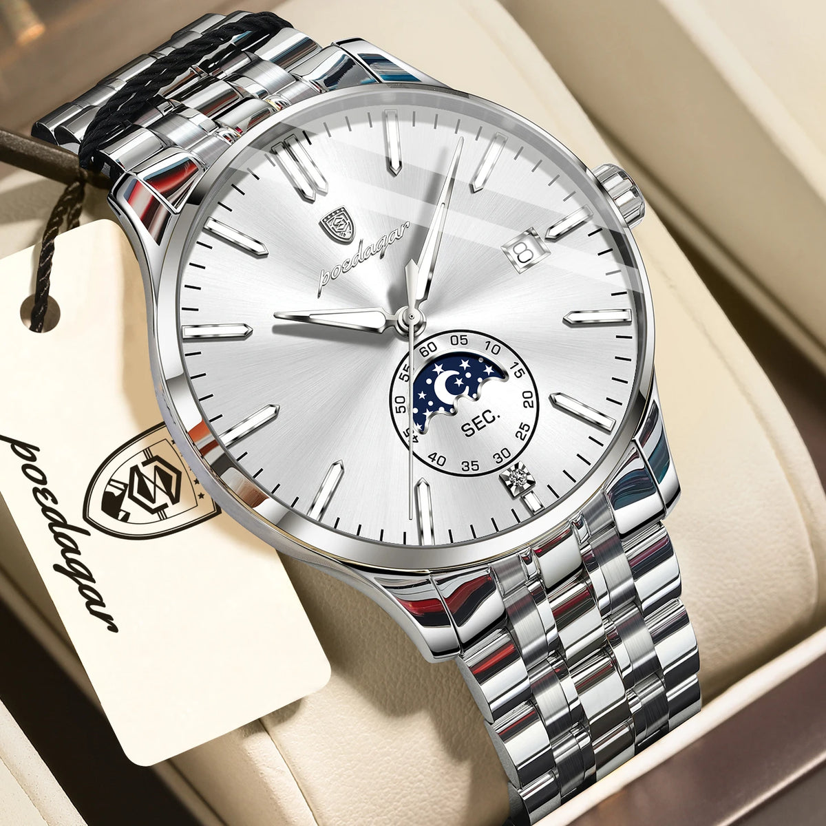 POEDAGAR luxury men’s watch, casual style, stainless steel, quartz, water-resistant, luminous, with date, elegant.