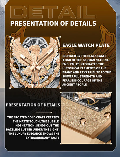 BONEST GATTI Luxury Men's Hollow Automatic Mechanical Watches Tonneau Sapphire Crystal Luminous Hollow Eagle Dial Rubber Straps