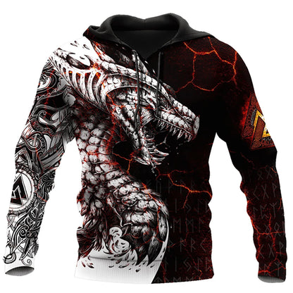 Herbst-Winter-Kapuzenpullover für Herren, langärmelig, mit 3D-Tattoo-Drachen-Print, Unisex-Streetwear-Sweatshirt, lässiger Trainingsanzug-Pullover