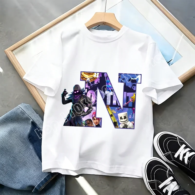 Fortnite A-Z Alphabet Print T-Shirt Summer Kids White Clothing Popular Cartoon Game T-Shirt Fashion Casual Short Sleeve Top Gift