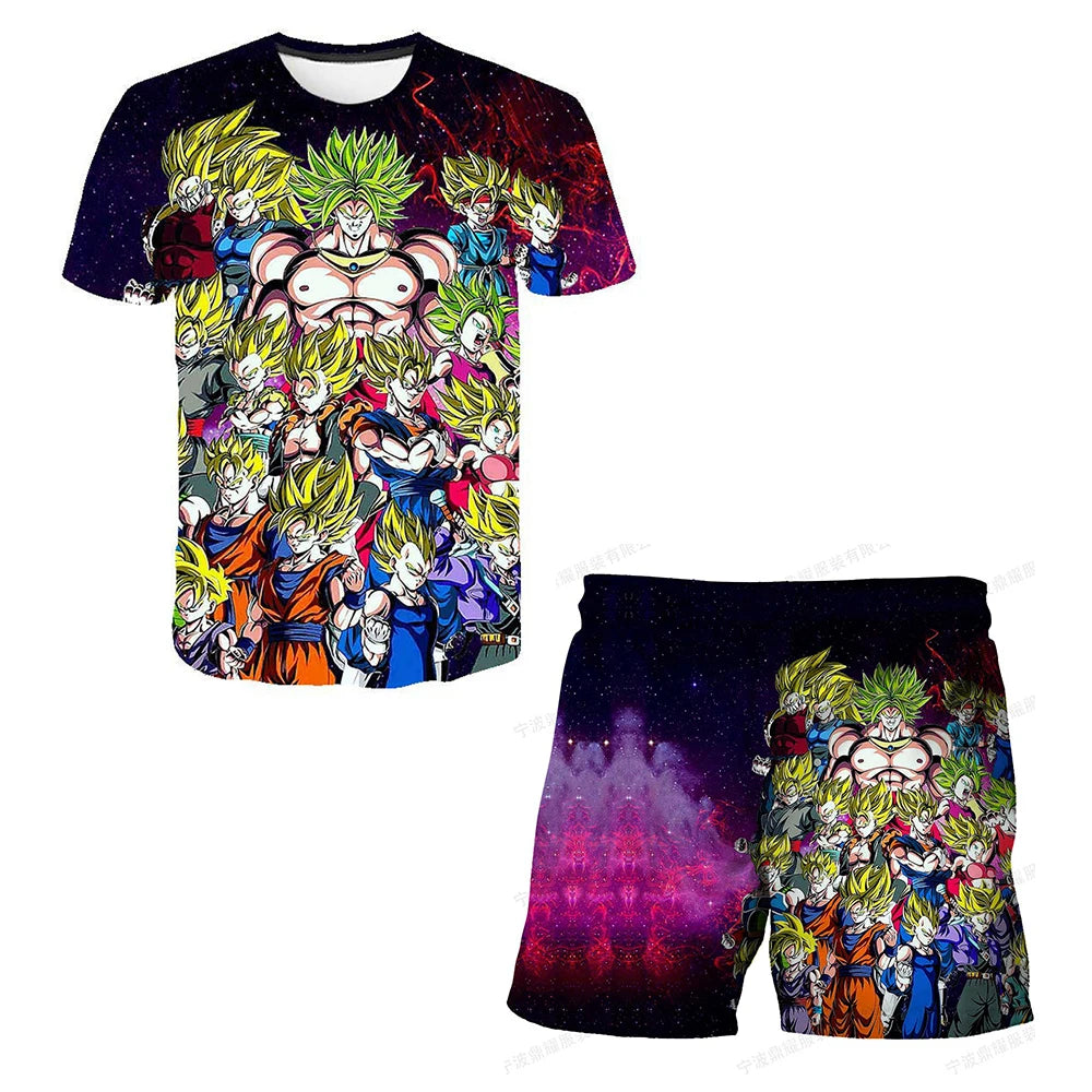 Japanisches Cartoon-Dragon-Ball-Z-T-Shirt, Kinder-Oberteil, T-Shirt- und Shorts-Zweiteiler für den Sommer, Jungen-T-Shirt + Shorts, Strandshorts