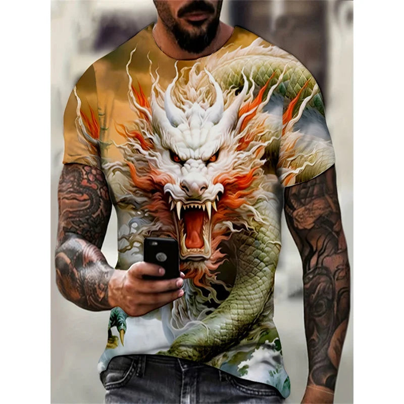 T-Shirt mit Drachen- und Phönix-Motiv für Herren – Tiermotive – 3D-bedruckte T-Shirts – Sommer – Freizeit – Kurzarm – Rundhalsausschnitt – Oversize – Streetwear-T-Shirts – Oberteile