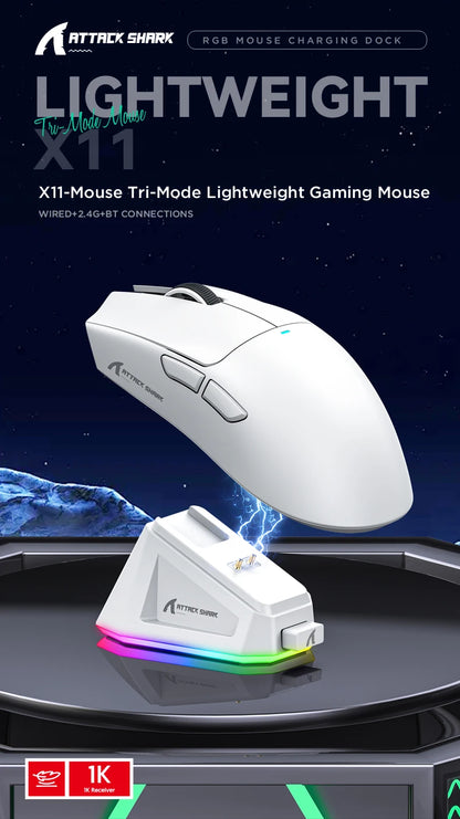 Attack Shark X11 Wireless Gaming Mouse with RGB Charging Dock, PAW3311 Sensor, 22000 DPI, Tri-Mode Bluetooth, 1000Hz Polling Rate Gaming Mouse
