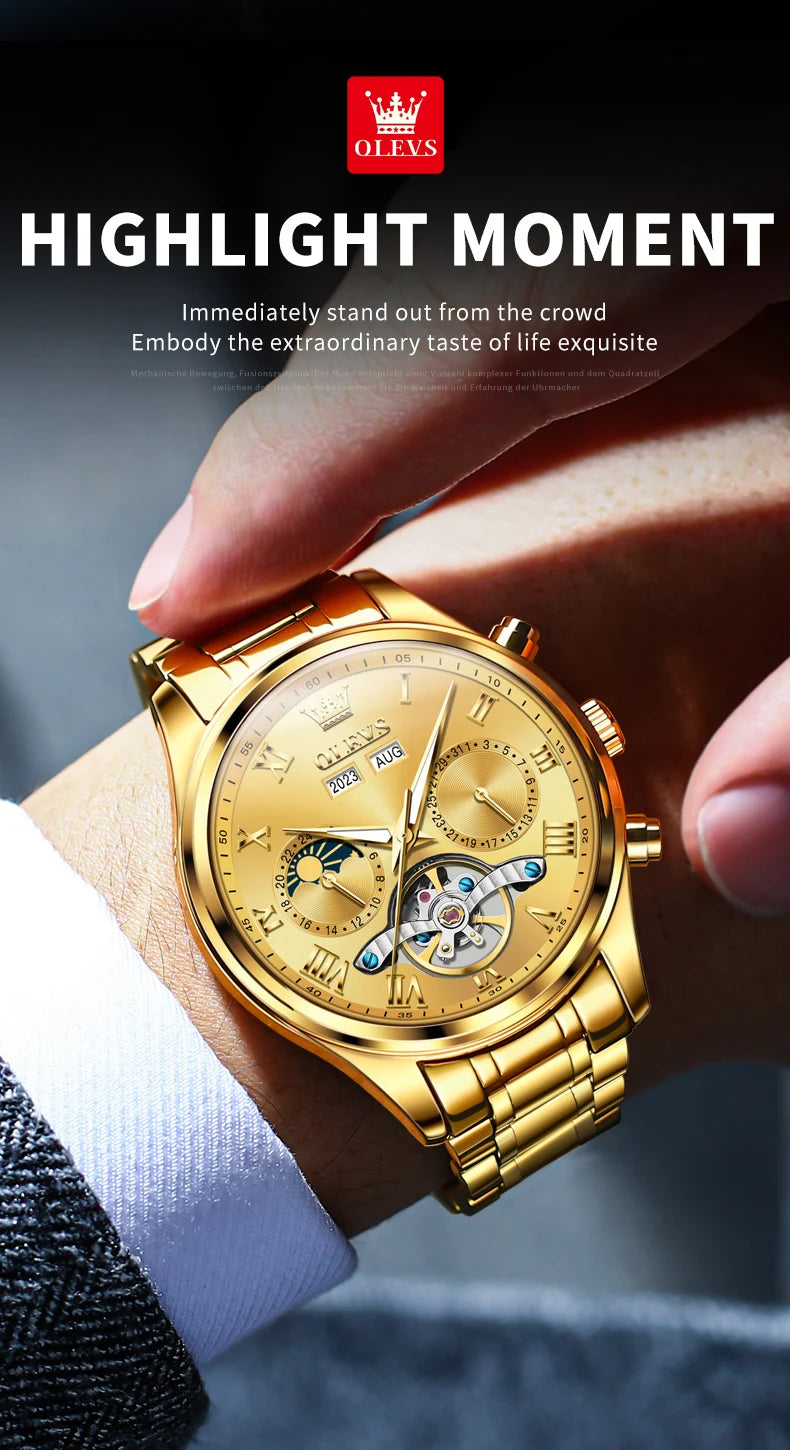 OLEVS 7005 Classic Business Mechanical Wristwatch for Men Skeleton Flywheel 24 Hour Moon Phase Calendar Luxury Men's Watch