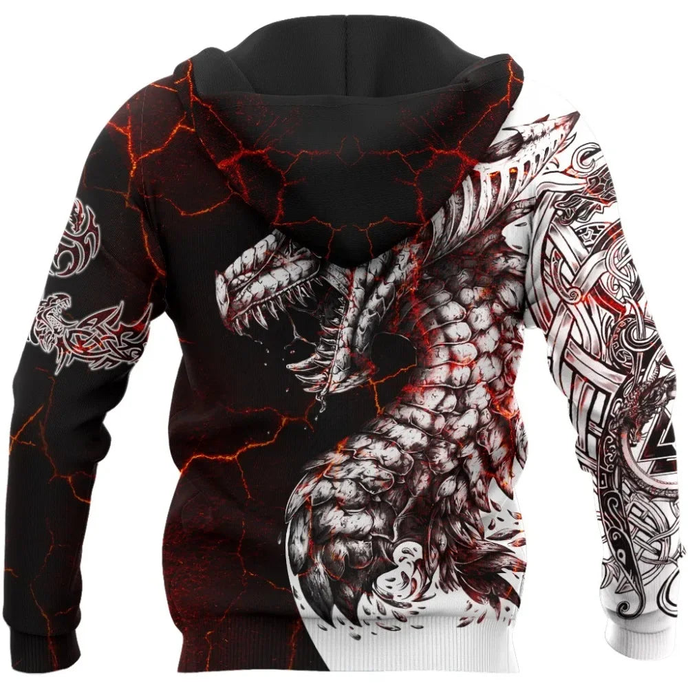 Sweatshirt com Capuz para Homem Black & White Tattoo Dragon com Impressão 3D, Unissexo, Streetwear, Fecho de Correr, Pullover, Casaco Casual de Fato de Treino KJ0192
