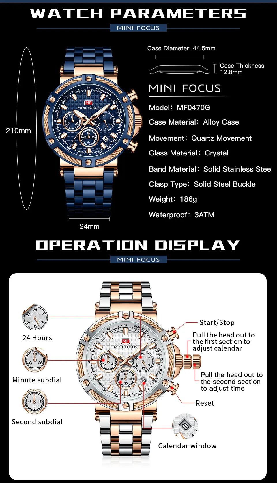 MINI FOCUS Black Stainless Steel Quartz Watch Men Fashion Luminous Dress Wristwatch with Date 24-hour Display Chronograph 0470