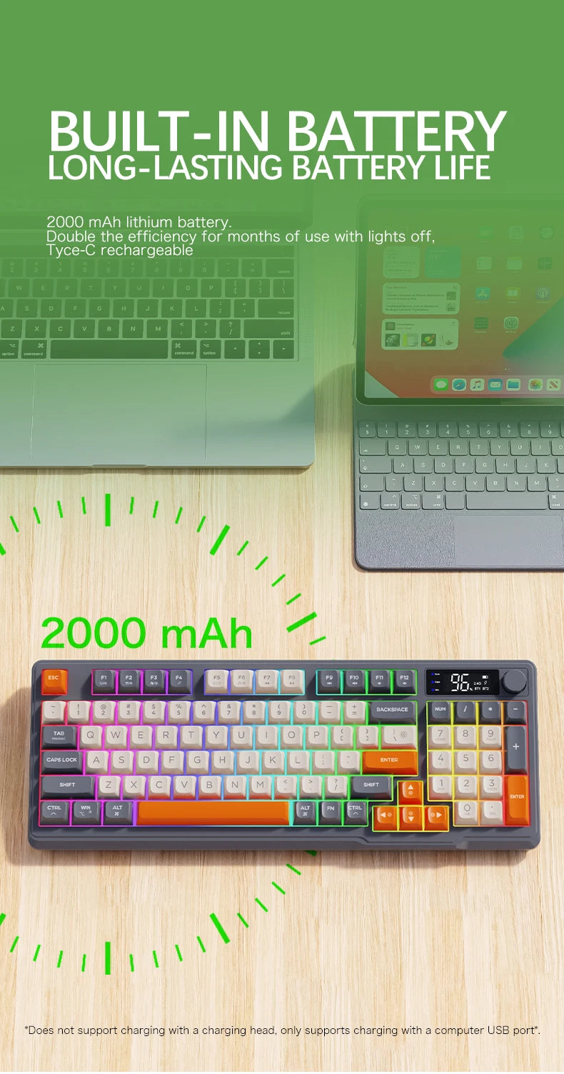 M96 kabellose Bluetooth-Tastatur FREEWOLF mit Digitalanzeige, RGB-Hintergrundbeleuchtung, 2000mAh-Akku & PBT-Tastenkappen für PC/Laptop