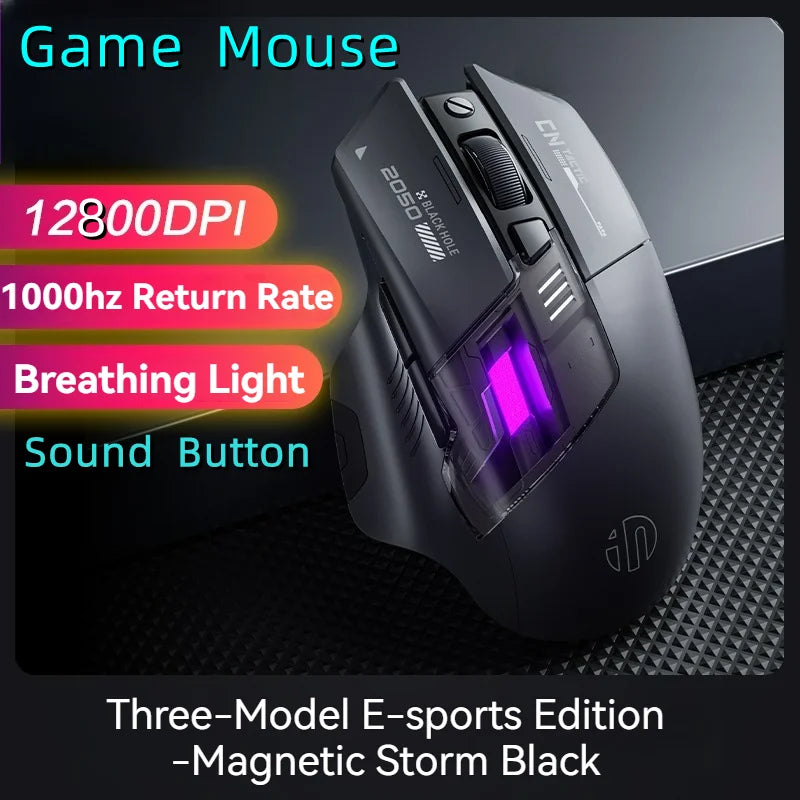 Rato Gaming Inphic A9 Pro Tri-Mode com Coluna de Luz Colorida, Indicador de Bateria, DPI Ajustável, Controlador Macro, Design Ergonómico, 12800DPI