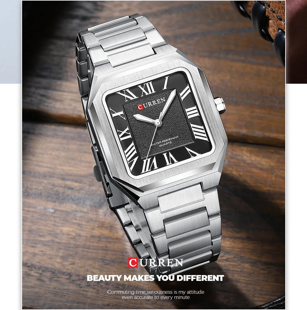 CURREN Vintage Square Design Dial with Roman Numeral Classic Business Dress Quartz Watch for Men with Luminous Hands 8482