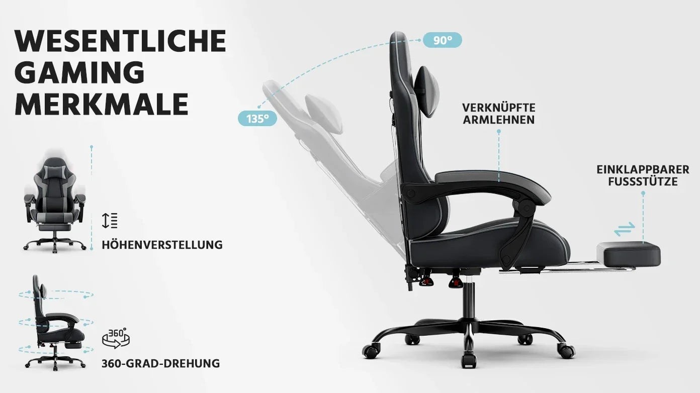 Black-Grey Ergonomic Gaming Chair, Lumbar Support, Breathable PU Leather, Adjustable Height & Backrest, 200kg for Office & PC
