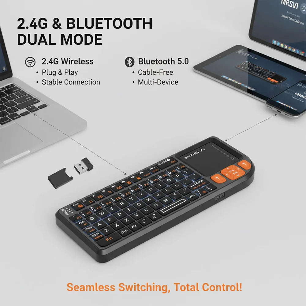 MRSVI Mini-Tastatur A8 PLUS, beleuchtete 2.4GHz- & Bluetooth5.0-Wireless-Tastatur mit Touchpad für Android TV Box, Mac, Laptop, Windows