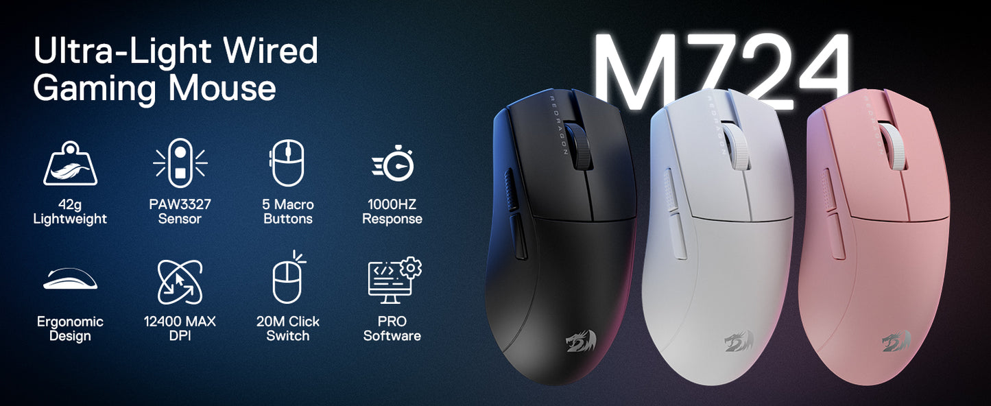 Mouse gaming cablato Redragon M724 42G ultraleggero, ottico, 12,400 DPI max, 5 pulsanti programmabili