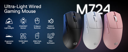 Mouse gaming cablato Redragon M724 42G ultraleggero, ottico, 12,400 DPI max, 5 pulsanti programmabili