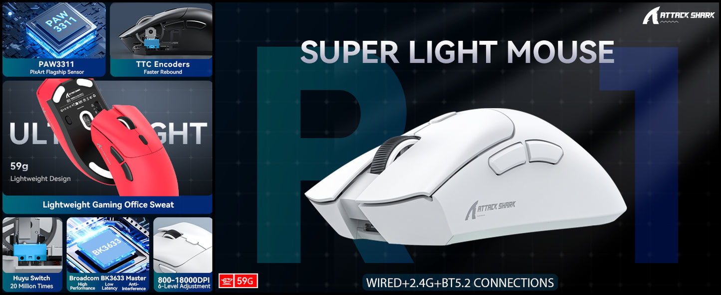 ATTACK SHARK R1 59g SUPERLIGHT Mouse, PixArt PAW3311 Gaming Sensor,  6 Adjustable DPI up to 18000, 65 Hrs Battery, G502