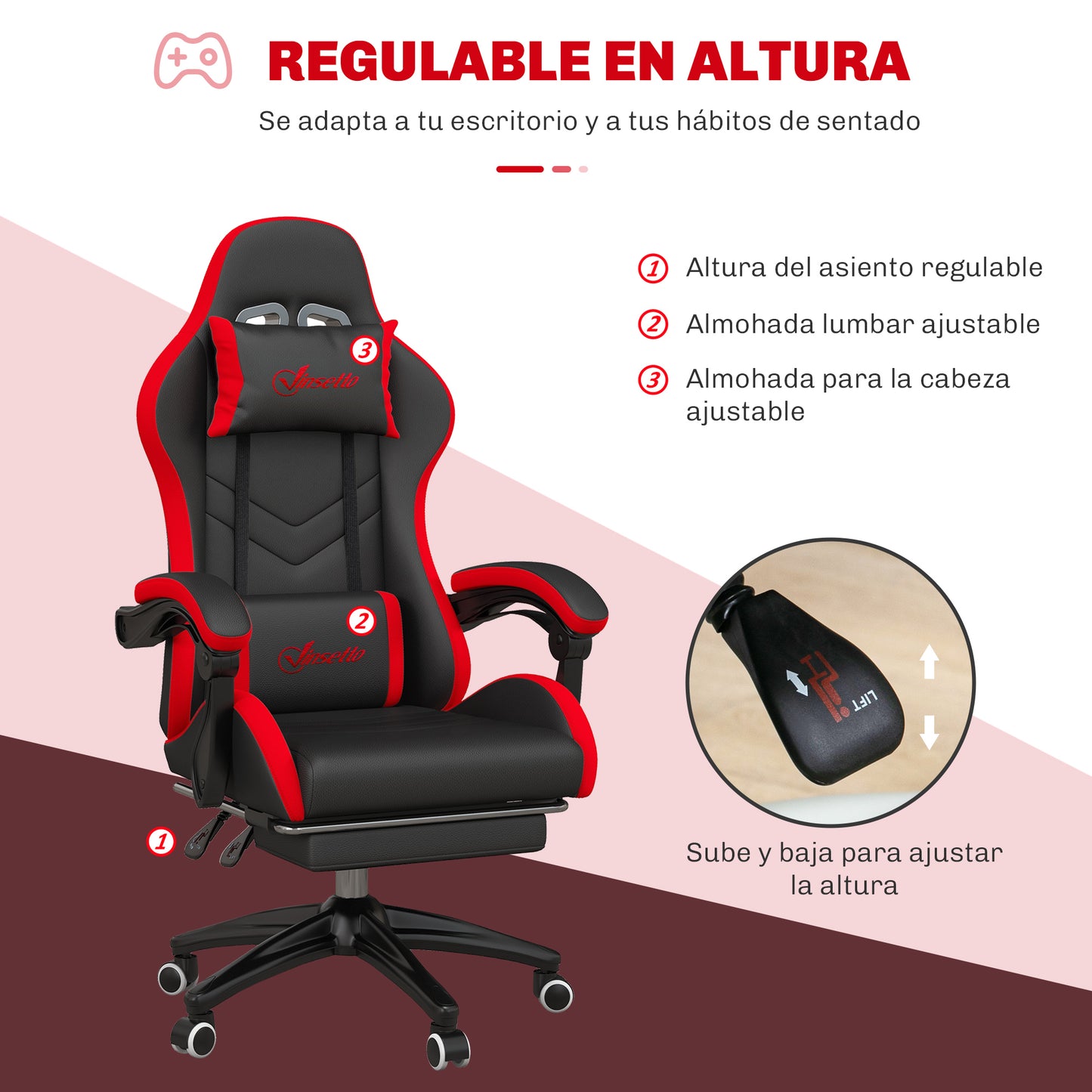 Vinsetto Ergonomic Reclining Gaming Chair 135°, PU Leather Racing Gamer Chair with Lumbar Support, Adjustable Height, Headrest and Retractable Footrest, for Office, Study, Black and Red